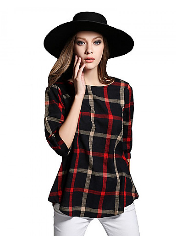 Women Ladies Blouse Plaid Print O Neck 3/4 Sleeve Plus Size Casual Loose Vintage Shirt Tops