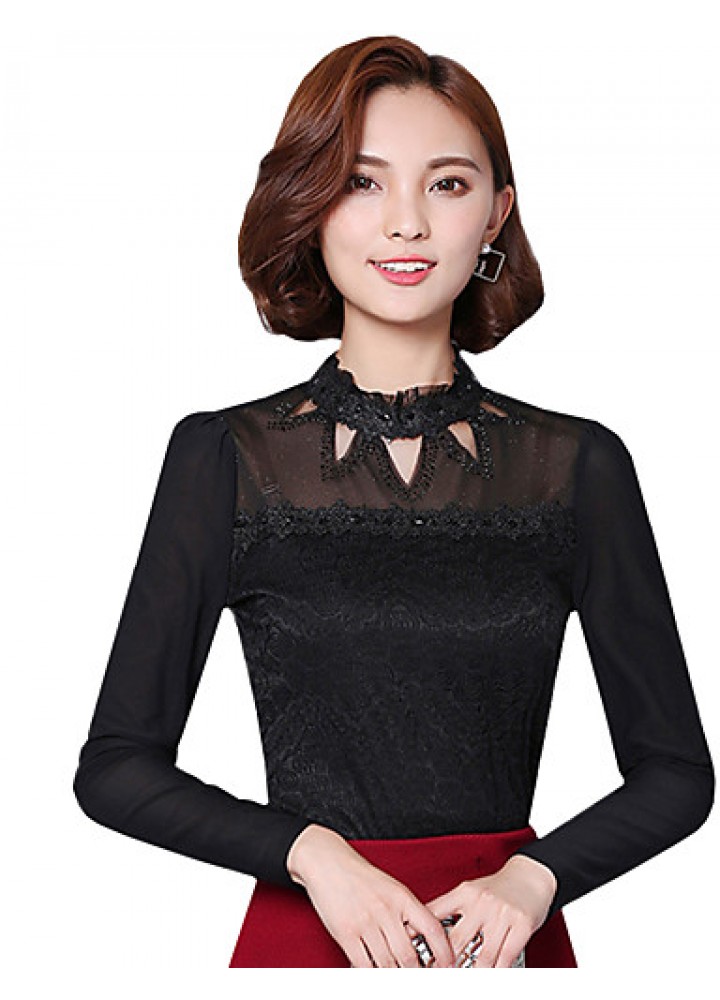 Spring Fall Women's Going out Fashion Wild Casual Solid Color Patchwork Stand Long Sleeve Blouse