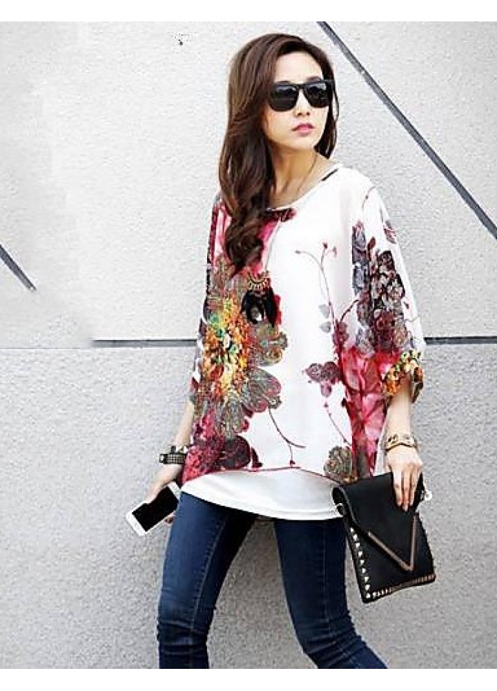 Women's Flower Print Loose Blouse & Vest,Round Neck