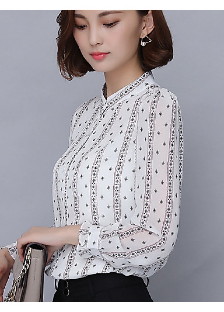 Spring Fall Going out Casual Women's Tops Fashion Striped Print Shirt Collar Long Sleeve Slim Chiffon Blouse