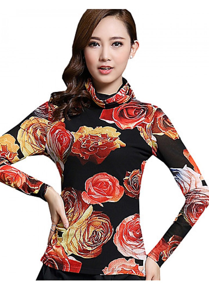 Spring/Fall Women's Casual/Daily Tops Turtleneck Long Sleeve Fashion Floral Printing Gauze Blouse Shirt