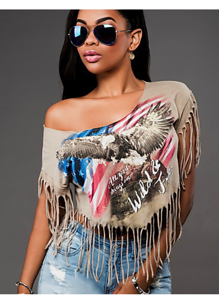 Women's Sexy Print One Shoulder Short Tassel T-shirt/Blouse