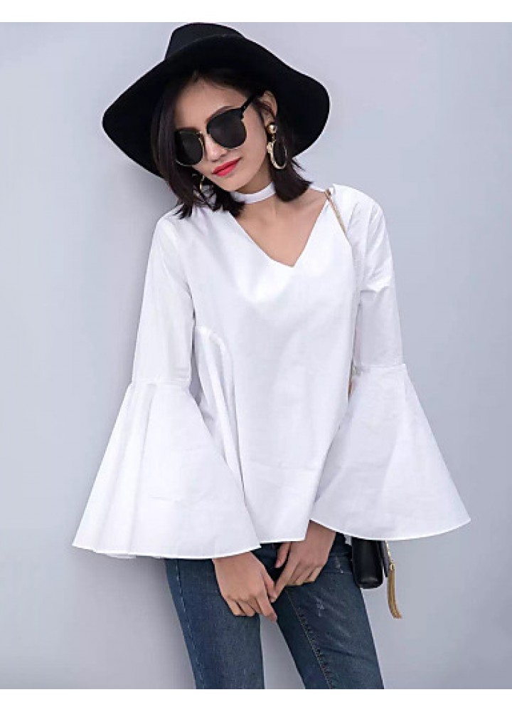 Women's Flare Sleeve Solid White / Black Loose Thin Blouse,Plus Size V Neck Long Sleeve