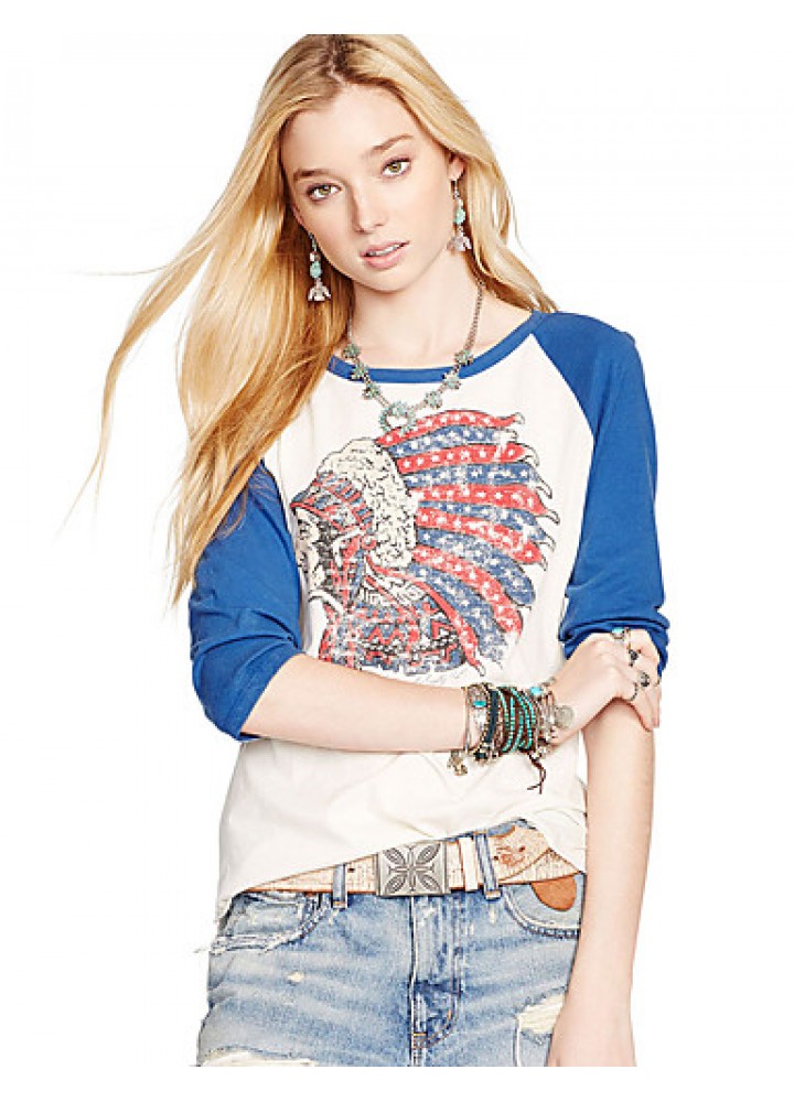 Women's Casual/Daily Street chic Color Block Fashion Sport T-shirt Print Round NeckSleeve Blue Polyester Medium