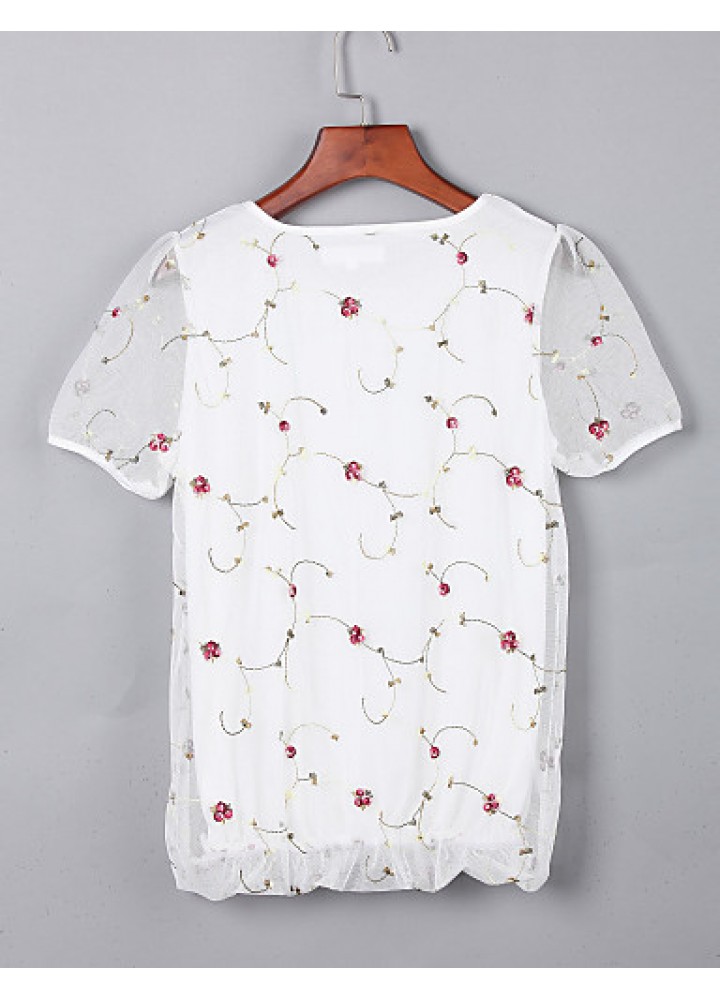 Women's Print White / Black Blouse,Round Neck Short Sleeve