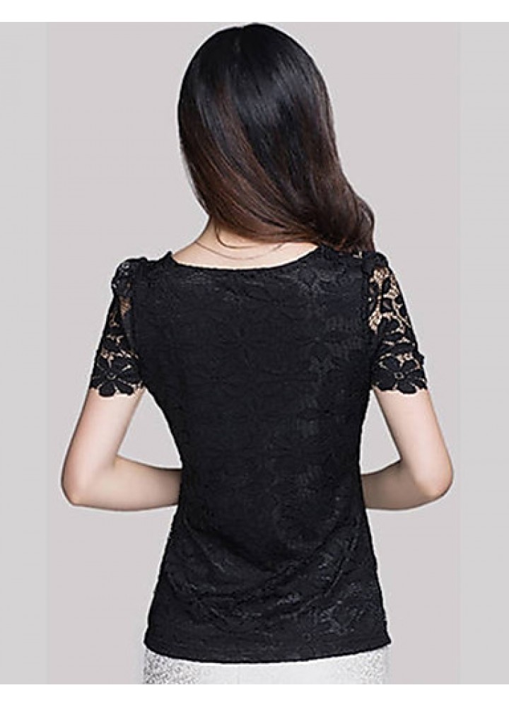 Summer Plus Size Women Solid Color Round Neck Short Sleeve Lace Blouse Slim Was Thin T-shirt Tops