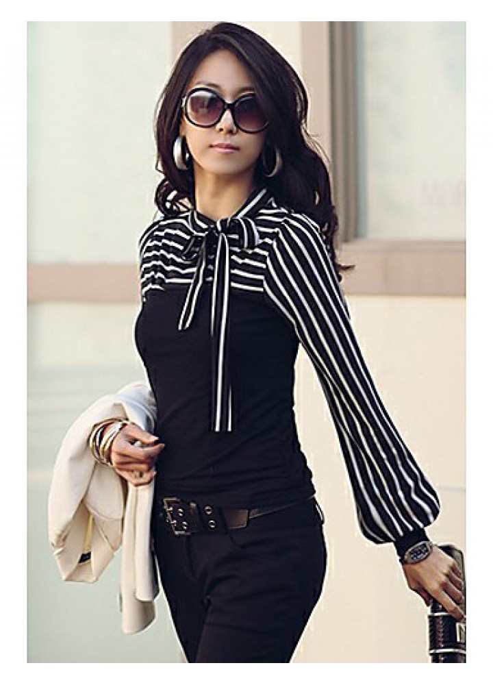 Women's Bow Neck Stripes Print Long Sleeves T-shirt