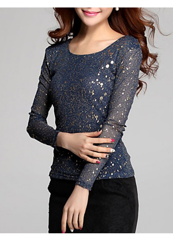 Women's Lace BlueBlack Blouse , Round NeckAsymmetrical Long Sleeve