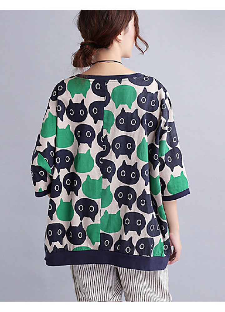 Women's Casual/Daily Cute / Street chic Spring / Fall T-shirt Print Round NeckSleeve Green Cotton / Linen Medium