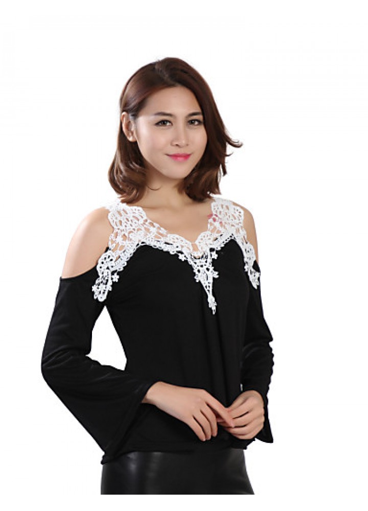 Women's Patchwork Lace Strap Off-The-Shoulder All Match Loose Casual V Neck Long Sleeve Plus Size T-shirt