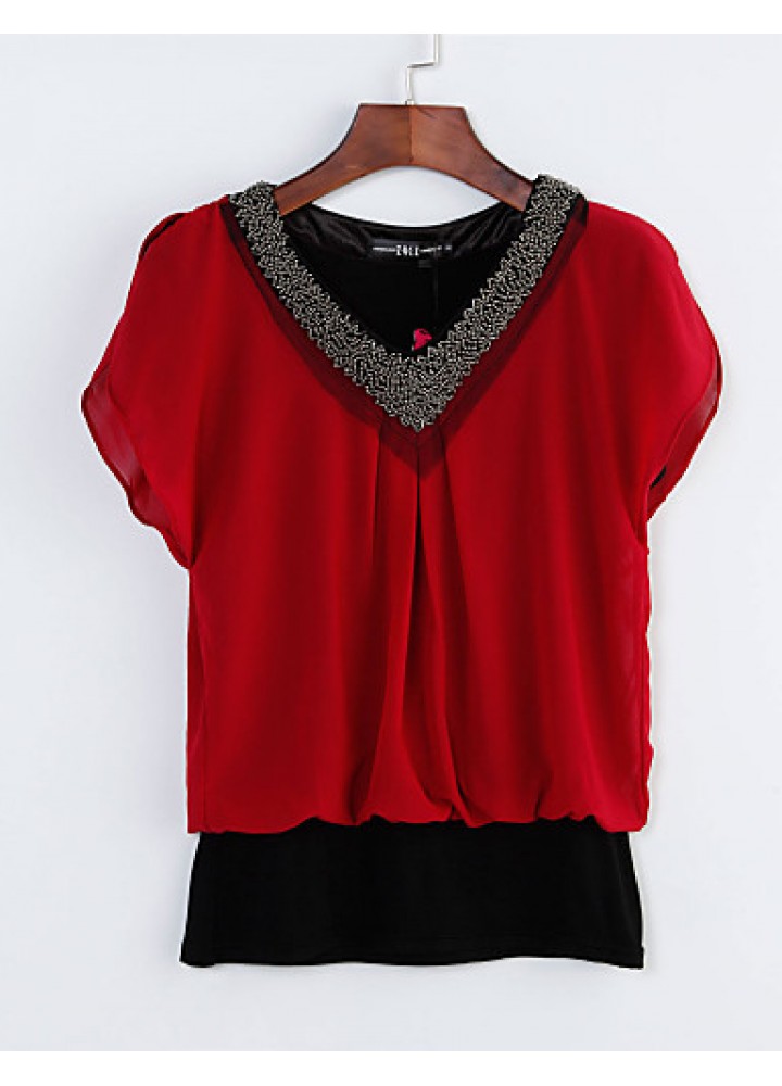 Women's Solid Red/Black/Green Blouse, Plus Size Beaded V Neck Short Petal Sleeve