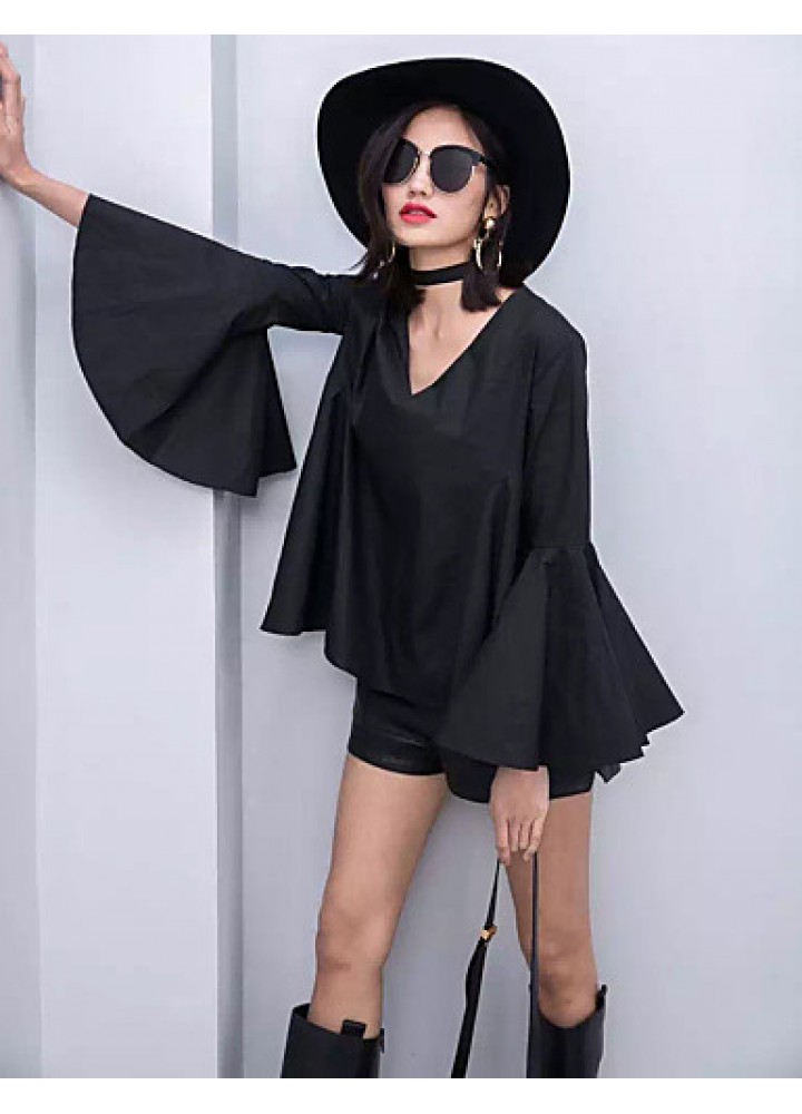 Women's Flare Sleeve Solid White / Black Loose Thin Blouse,Plus Size V Neck Long Sleeve