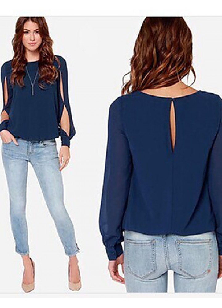 Sexy All Seasons Blouse,Solid Round Neck Long Sleeve Blue / Pink Polyester Thin