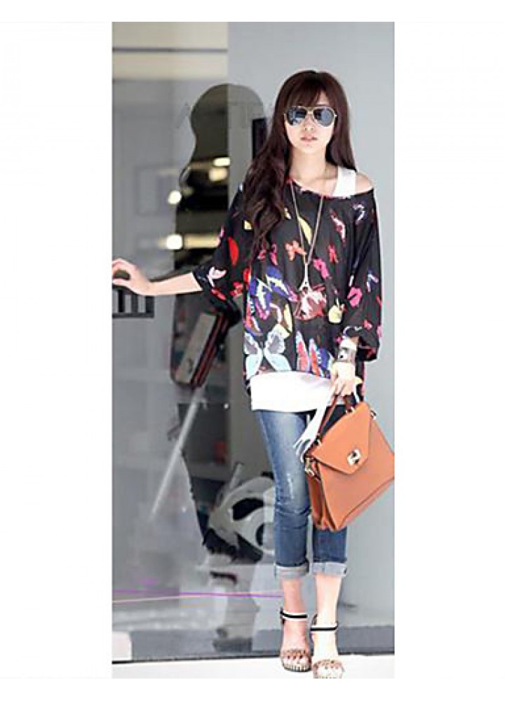 Women's Slack Neck Batwing Sleeve Printed Loose-Fitting Blouse