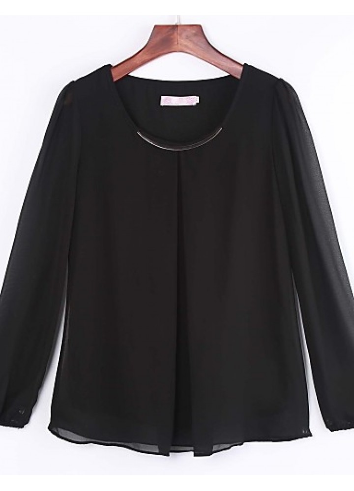 Women's Plus Size White/Black/Green Round Neck Blouse, Chiffon Long Sleeve