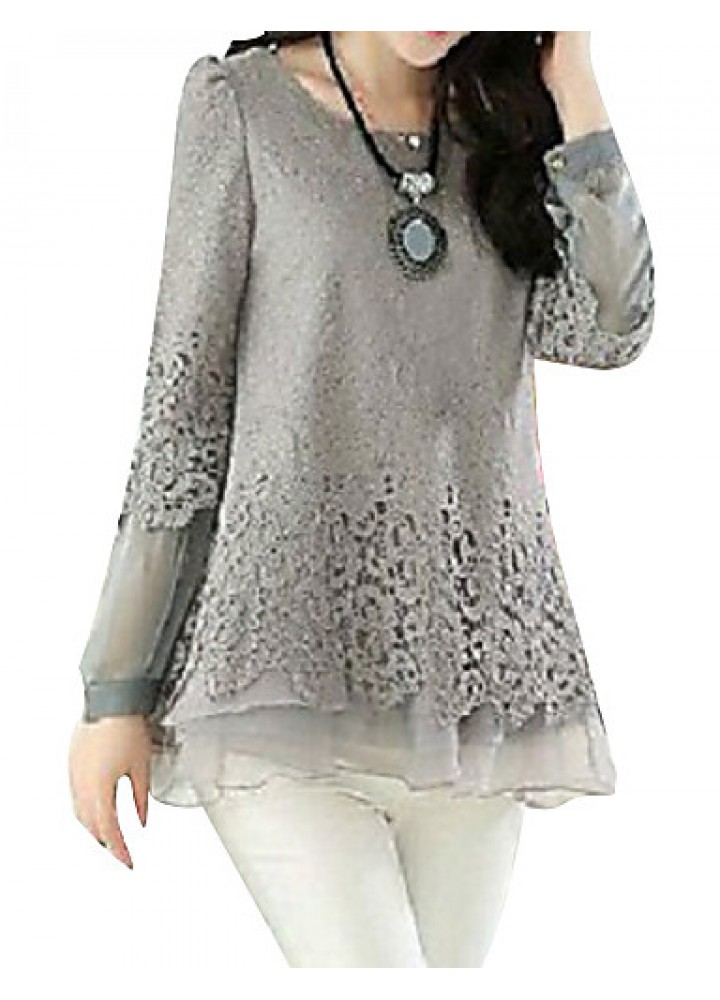 Women's Patchwork Black/Beige/Gray Blouse,Casual Round Neck Long Sleeve Hollow Out