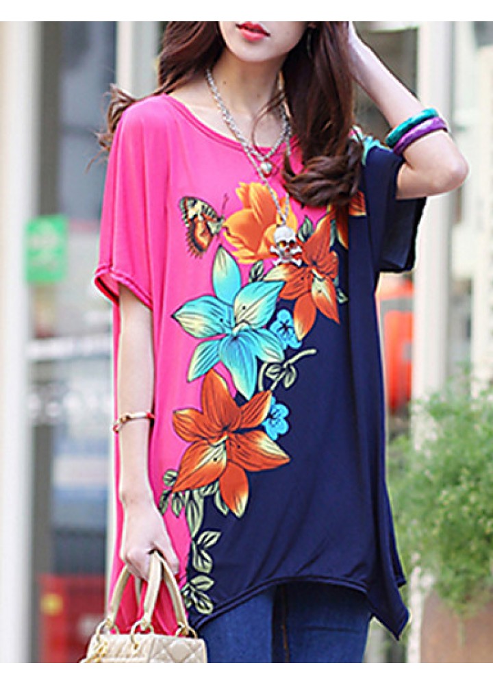 Women's Casual/Daily Boho / Street chic Summer T-shirt,Floral Round Neck Short Sleeve Pink Rayon Thin