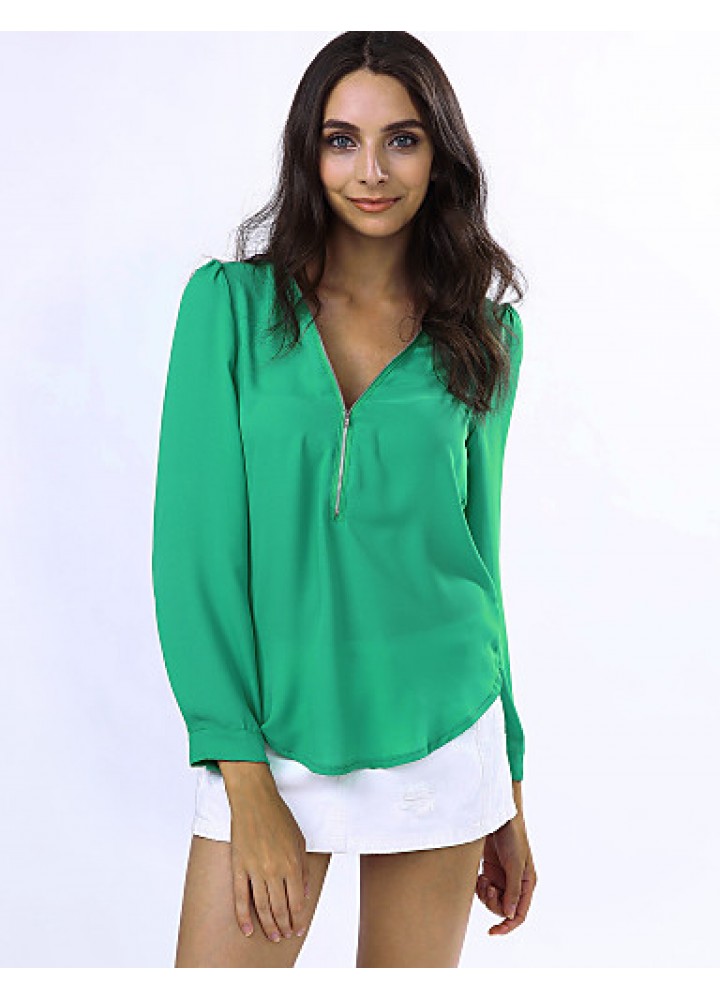 Women‘s V Neck Long Sleeve Zipper Blouse(More Colors)