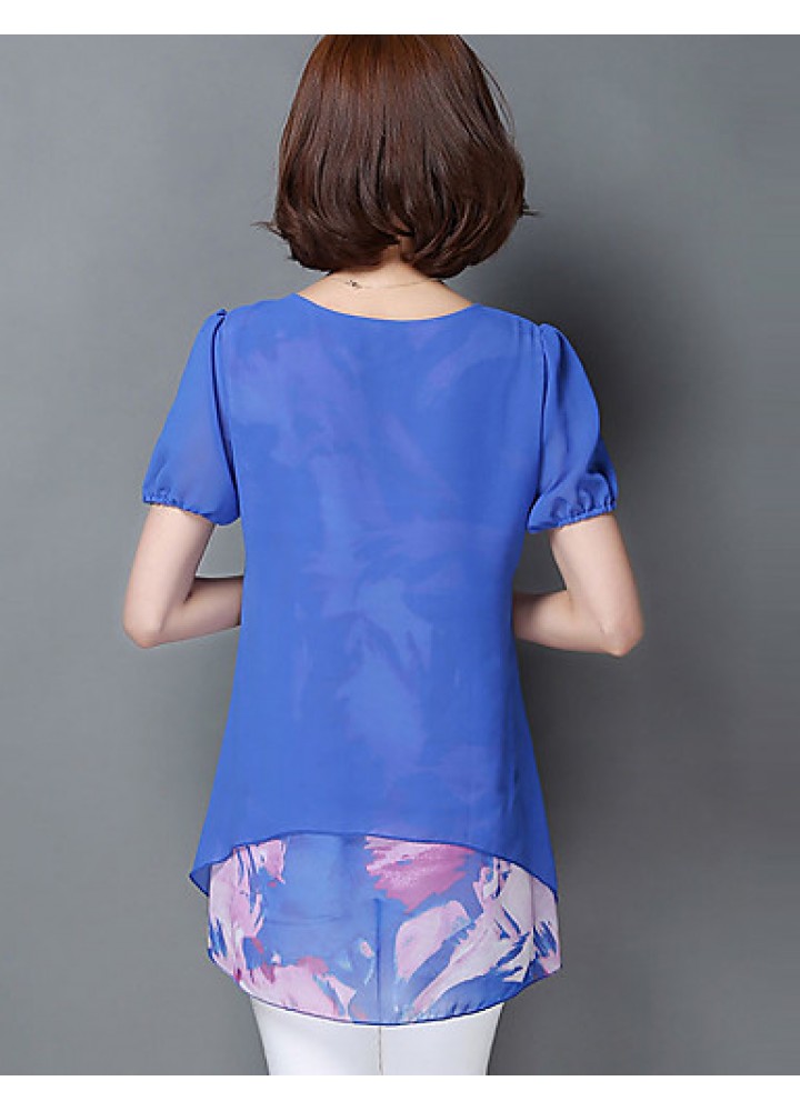 Women's Print Blue / Black / Orange Blouse,Round Neck Short Sleeve