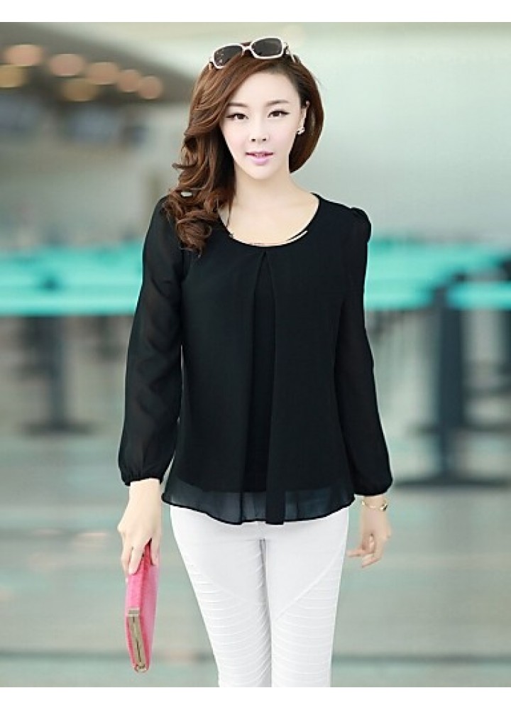 Women's Plus Size White/Black/Green Round Neck Blouse, Chiffon Long Sleeve