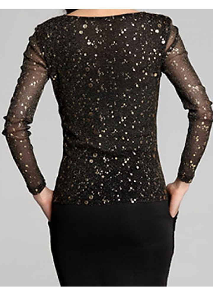 Women's Lace BlueBlack Blouse , Round NeckAsymmetrical Long Sleeve