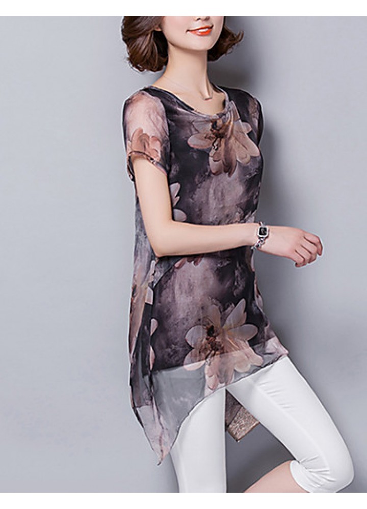 Women's Going out / Casual/Daily Street chic ,Print Round Neck Short Sleeve Brown Polyester Thin