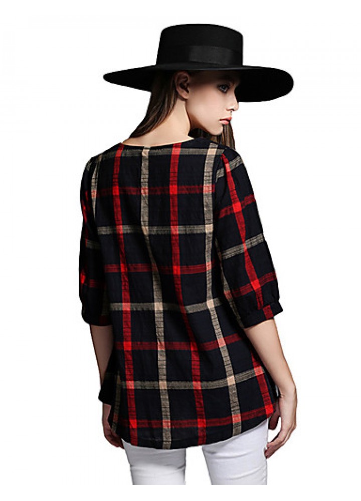 Women Ladies Blouse Plaid Print O Neck 3/4 Sleeve Plus Size Casual Loose Vintage Shirt Tops