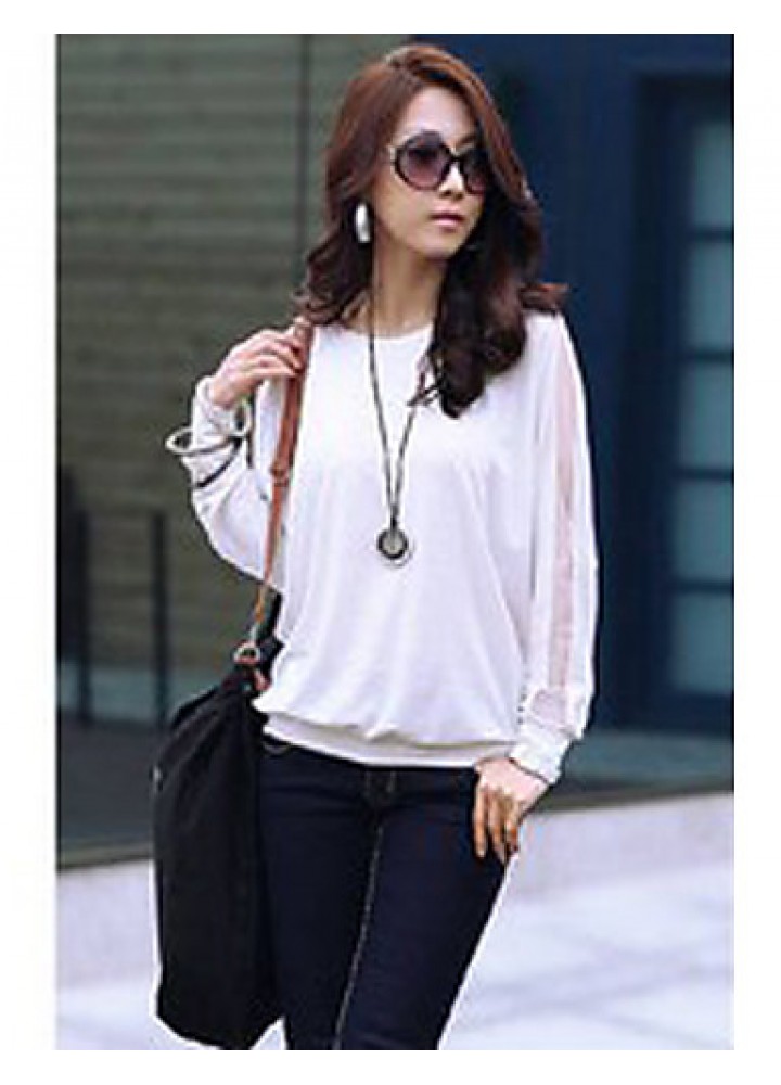 Women's Batwing Round Neck Sheer Mesh Cape Sleeve Loose T-Shirt