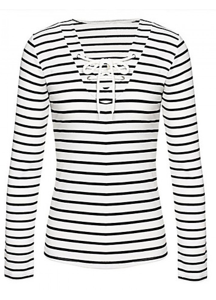 Women's Casual/Daily Sexy / Street chic Spring / Fall Hollow Out Slim Bandage T-shirtStriped V Neck Long Sleeve White