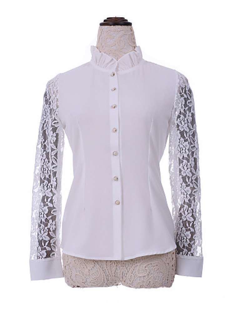  Women's Solid White Shirt,Shirt Collar Long Sleeve