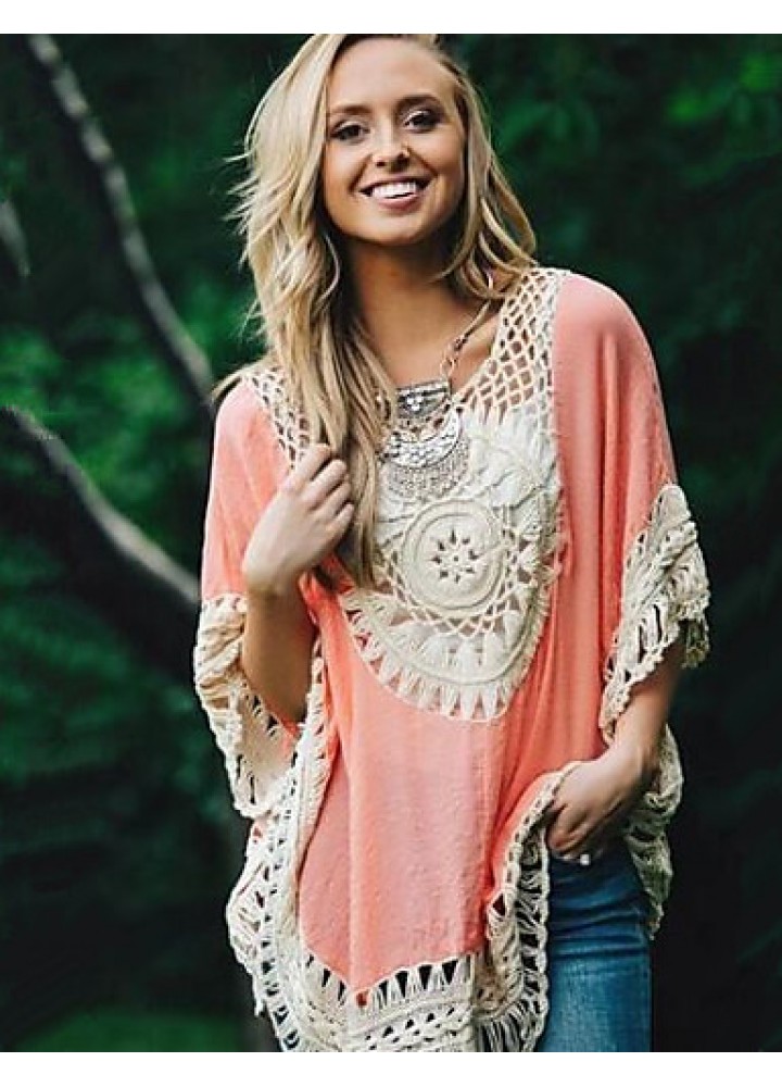 Women's Patchwork Lace Bohemian style Hollow Out Blouse,Round Neck ? Length Sleeve