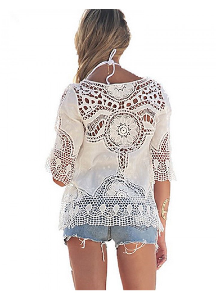 Women's Beach Sexy / Boho Blouse,Solid Round Neck ? Length Sleeve White Rayon Medium