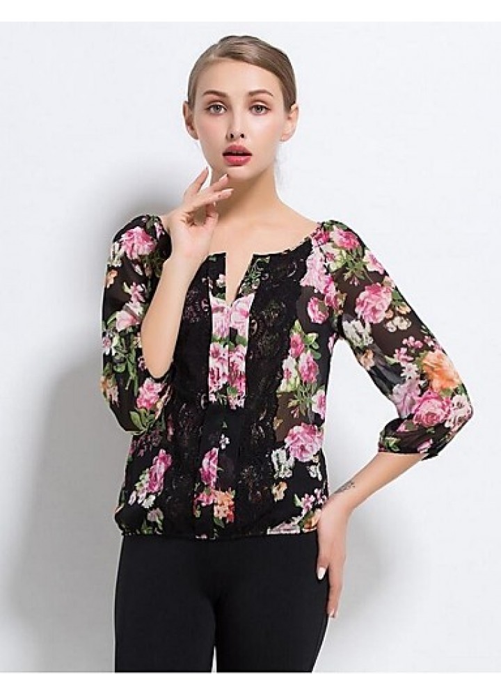 Women's Work Boho Summer Blouse,Patchwork V Neck ? Sleeve Black Cotton Thin