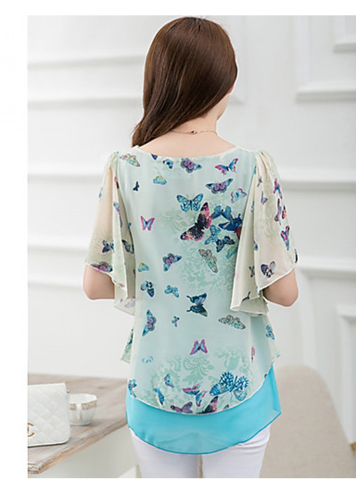 Women's Going out Simple / Street chic Blouse,Floral Round Neck Short Sleeve Blue / Pink Polyester Thin