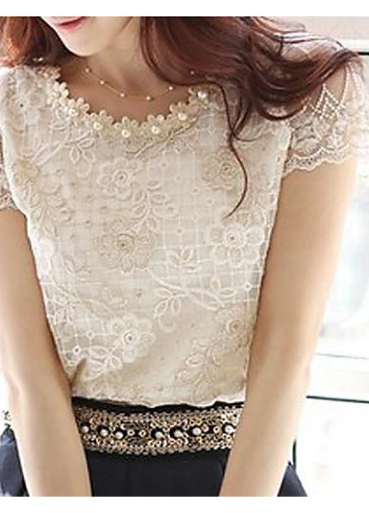 Women's Cute Beaded Neck Embroidered Lace and Mesh Top