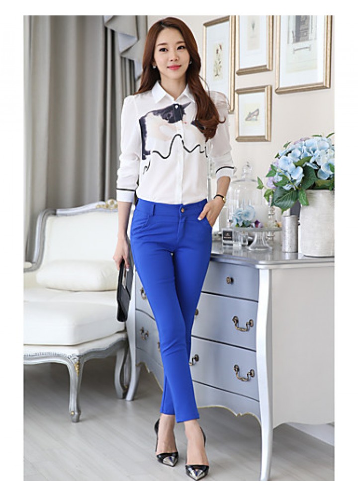 Women's Wild Cartoon Cat Print Plus Size Long Sleeve Chiffon Shirt