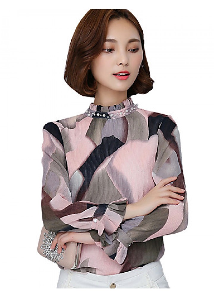 Spring Fall Go out Casual Women's Tops Fashion Wild Pink Printing Stand Collar Long Sleeve Chiffon Blouse