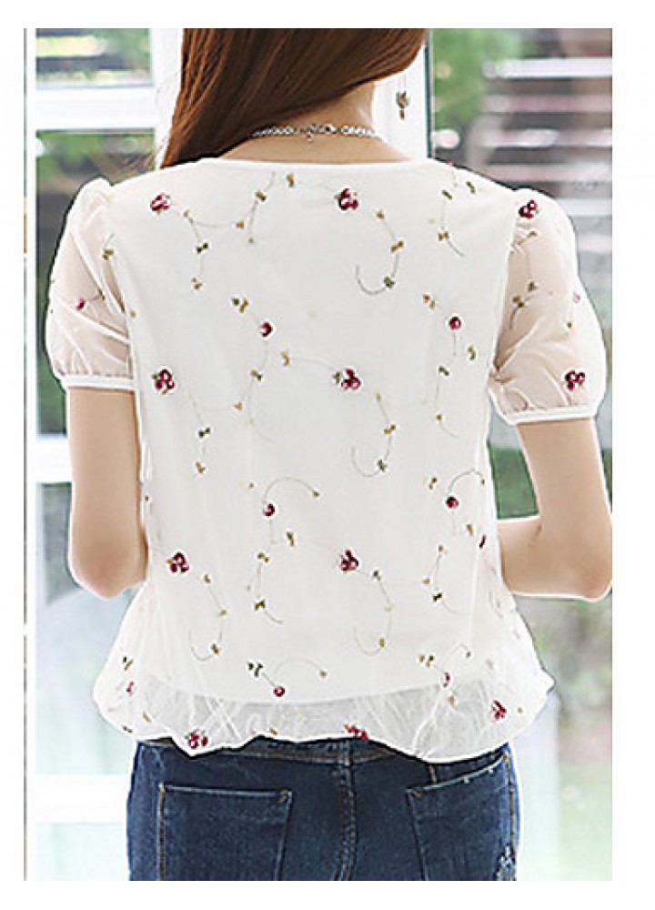 Women's Print White / Black Blouse,Round Neck Short Sleeve