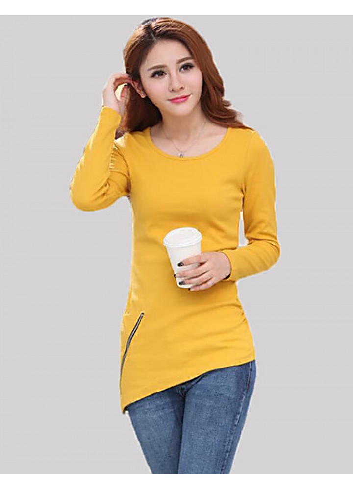 Women's Casual/Daily Simple Fall T-shirtSolid Round Neck Long Sleeve Black / Yellow Cotton Medium