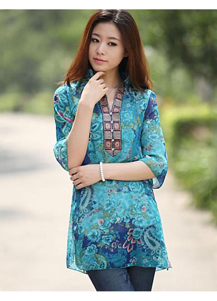 Women's Casual/Daily Boho Summer Blouse,Floral Stand ? Sleeve Blue Polyester Thin