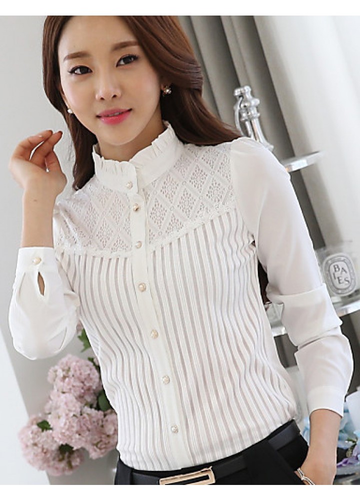 Women's Stand Collar Lace Patchwork Stripe Puff Sleeve Wild Slim Shirt