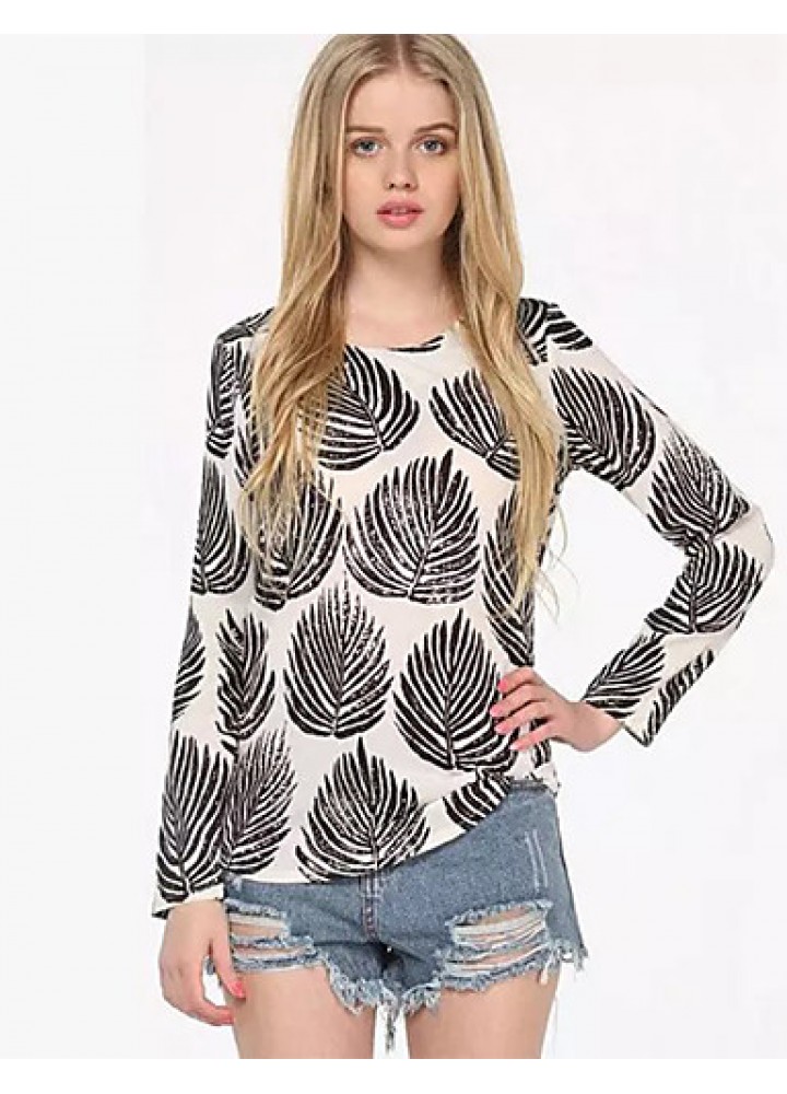 Women's Going out Street chic Fall Shirt,Print Round Neck Long Sleeve White Polyester Medium