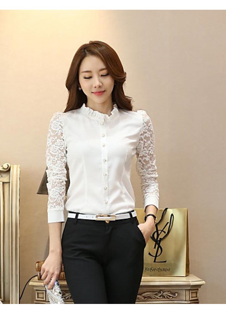  Women's Solid White Shirt,Shirt Collar Long Sleeve