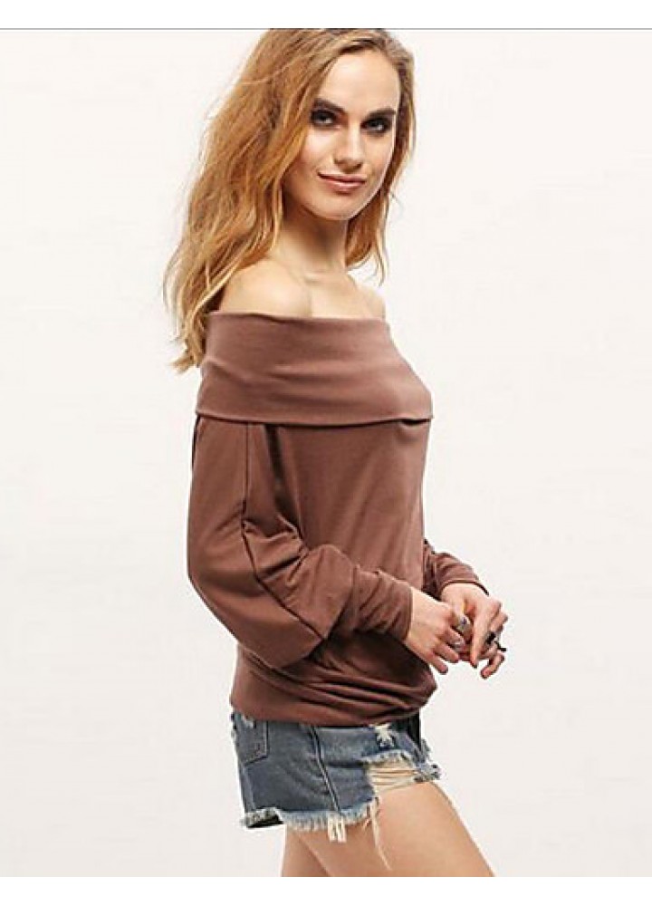 Women's Casual Fall / Winter T-shirt Solid Off Shoulder Long Sleeve White / Brown Shirt