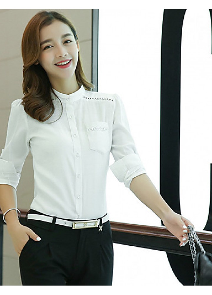 Women's Korean Stand Collar Crochet Cut Out Flax Solid OL Long Sleeve Shirt