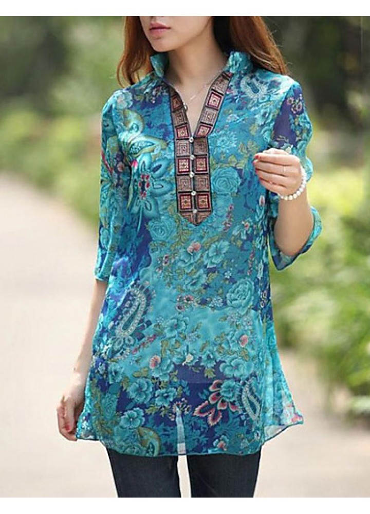 Women's Casual/Daily Boho Summer Blouse,Floral Stand ? Sleeve Blue Polyester Thin