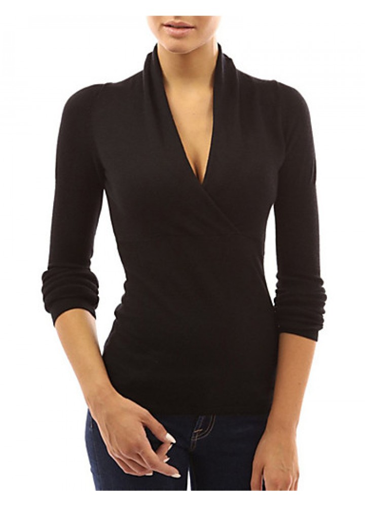 Spring / Fall Going out Casual Women's T-shirt Solid Color Sexy V Neck Long Sleeve Black / Purple Slim Tops