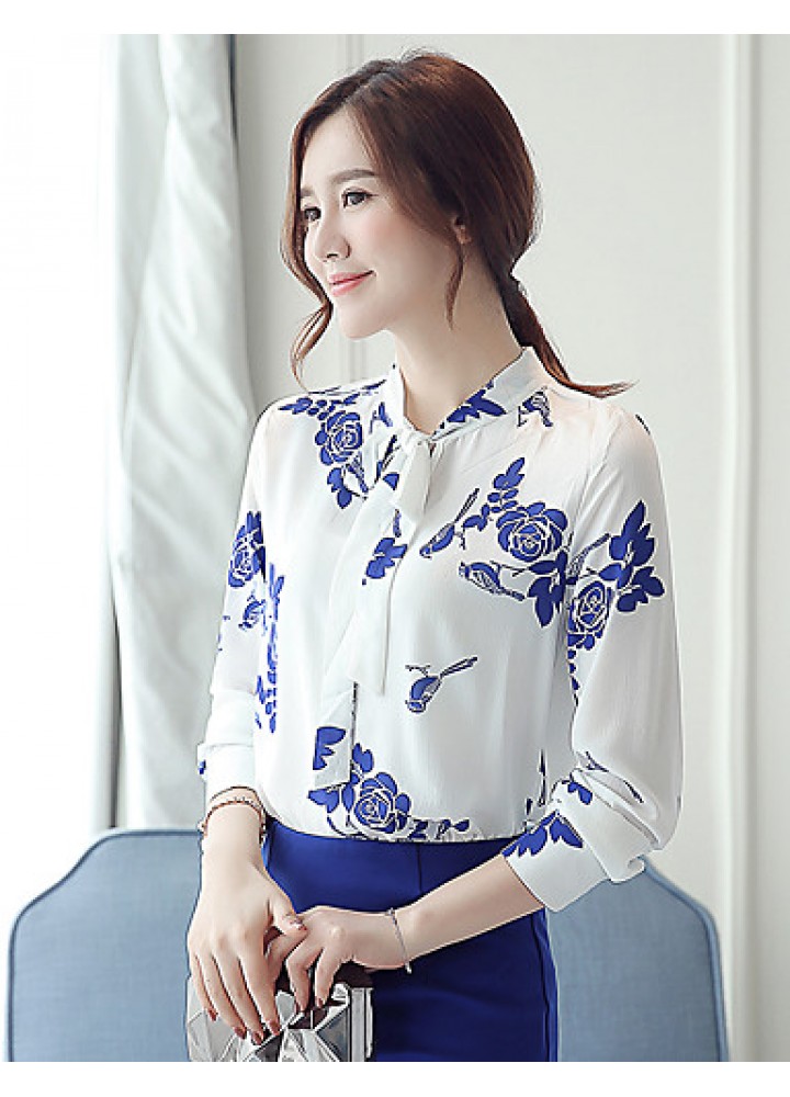 Women's New Fashion Bowknot Chiffon Long Sleeve Blouses Shirt