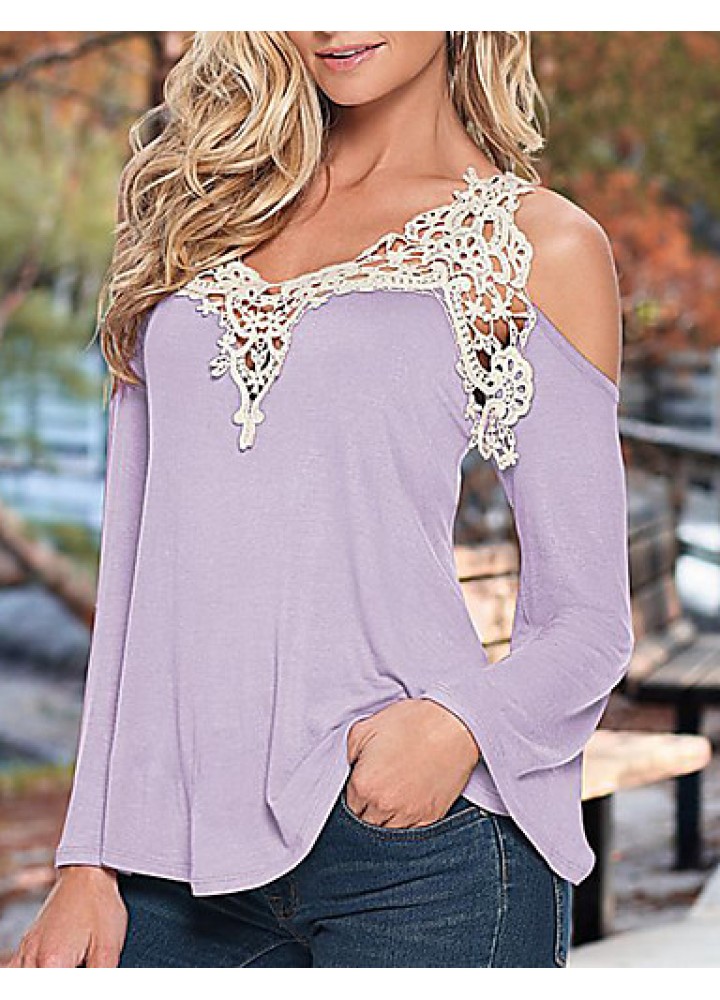 Women's Patchwork Lace Strap Off-The-Shoulder All Match Loose Casual V Neck Long Sleeve Plus Size T-shirt