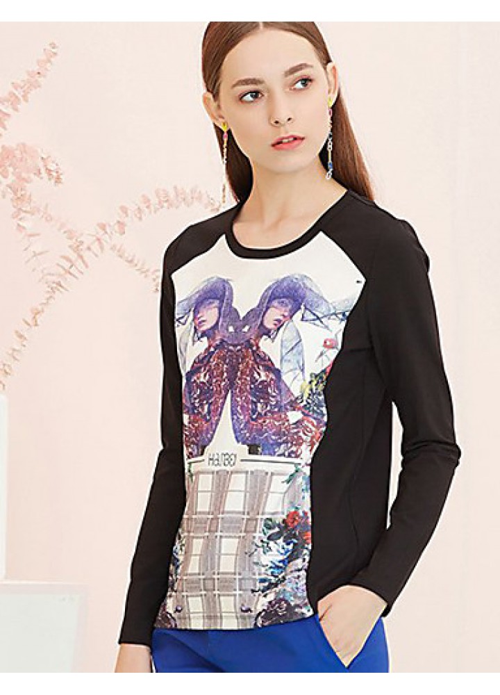 Women's Going out Street chic Spring / Fall T-shirtPrint Round Neck Long Sleeve Black